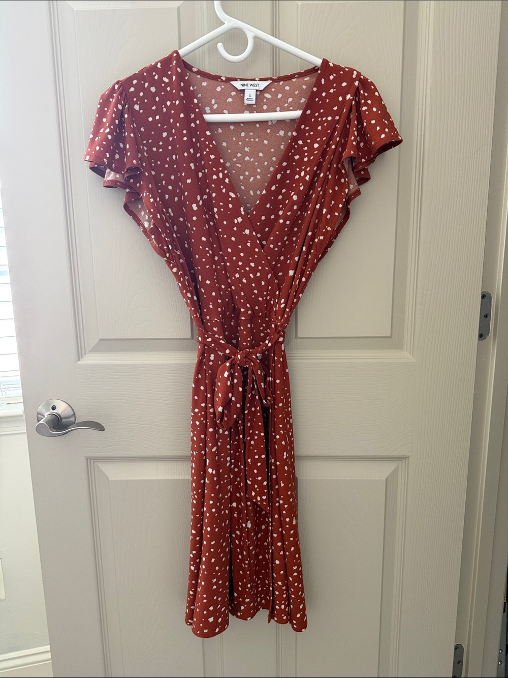 Nine West Rust Brown Wrap Midi Dress with White Dot Print